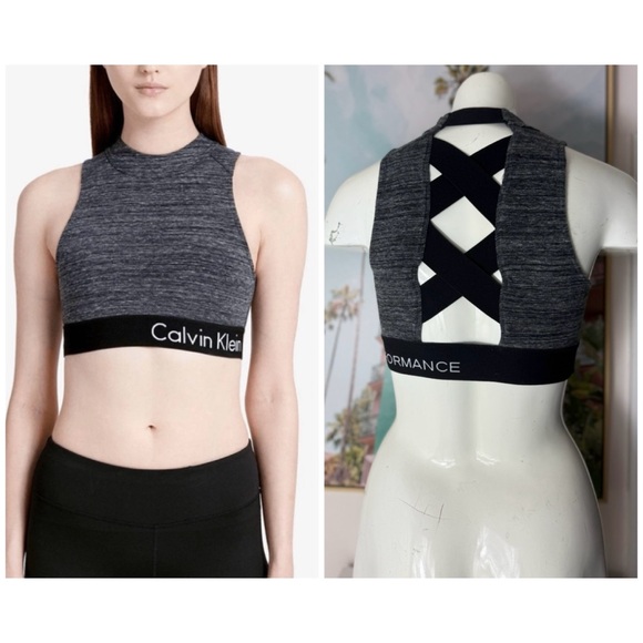 Calvin Klein Performance Heather Grey Black Crisscross Sports Bra Size Medium - Picture 1 of 10